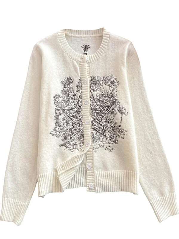 เสื้อคลุมไหมพรมถักลายปักหนักทรงหลวมติดกระดุมเม็ดเดียวสำหรับผู้หญิง สไตล์เกาหลี ใส่สบาย แขนยาว