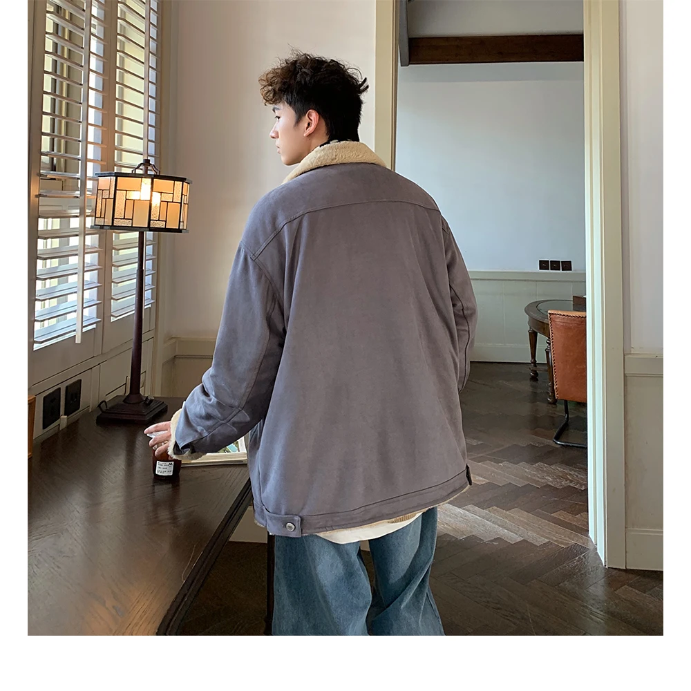 Autumn Winter American Retro Suede Warm Khaki Cotton Jacket Unisex Thickened Gray and Dark Blue Casual Cotton Coat