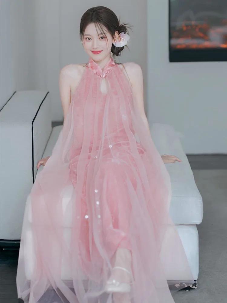 

Ele Pink Sequin Bal Neline Wedding Dr Women's New Chinese Sle Morning Robe Casual Light Wedding Gown