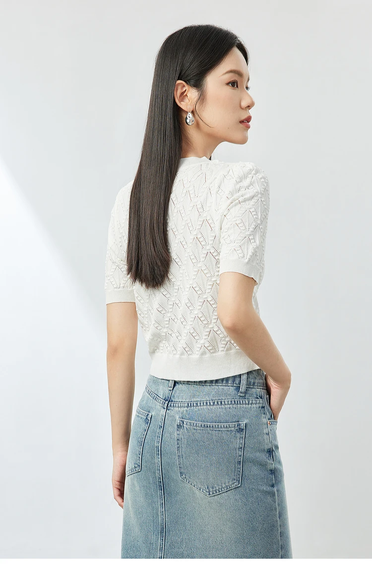 SENTUBILA Argyle Hollow Out Cropped Knitted Pullovers 2024 Summer White Round Neck Short Sleeve Knit Tops For Women W42H54382