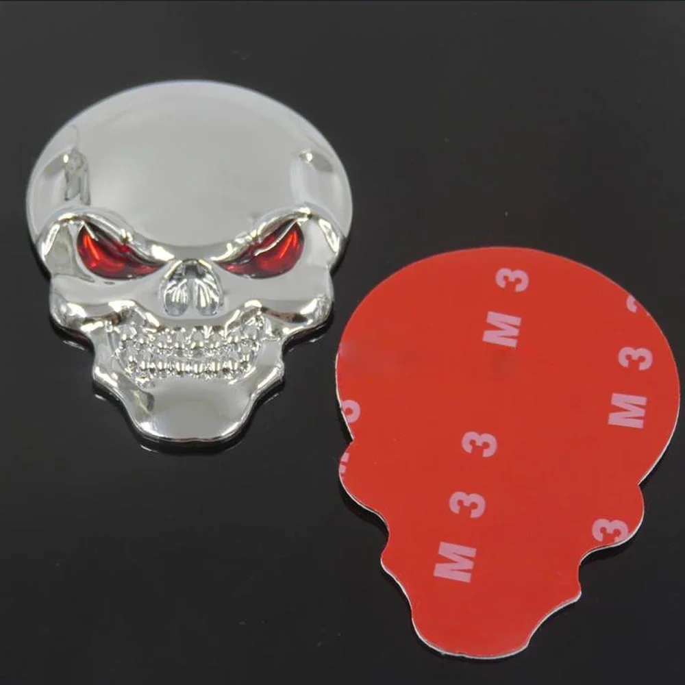 Auto Car Motorcycle Skull Bone Sticker Red Eyes Chrome Silver 3D Metal Decor Emblem Badge Decal Stickers with Tape Back 50x35MM