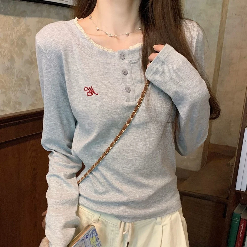 

For Daily Wear Basic Women's Top Casual Long Sleeve Top Casual Activities Sweet Embroidery T-shirt Sweet Style