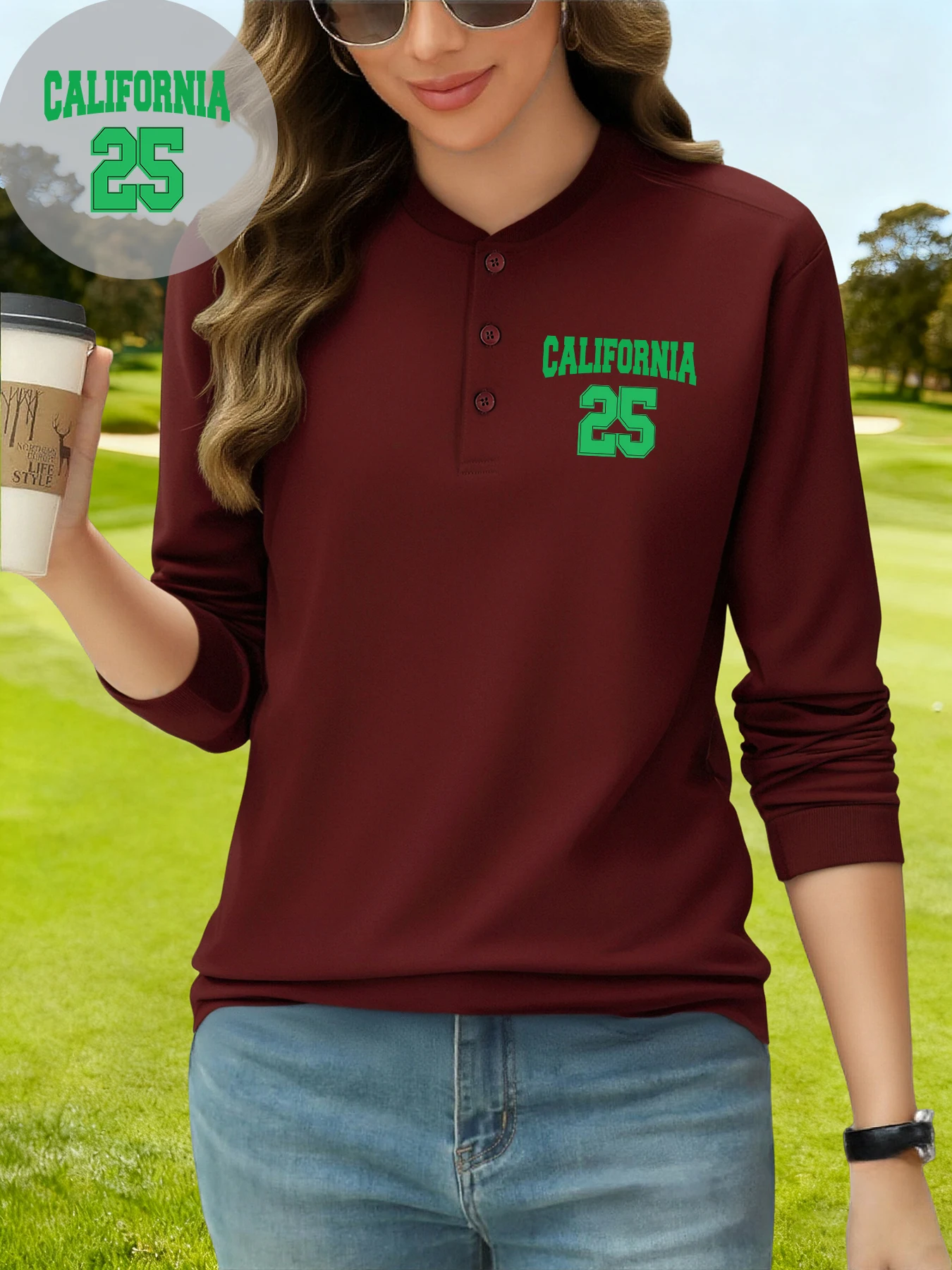 

On The 25Th In California Print T Shirt Woman Autumn Henry Neck Henley Shirts Casual Cotton Clothing Business Long Sleeve