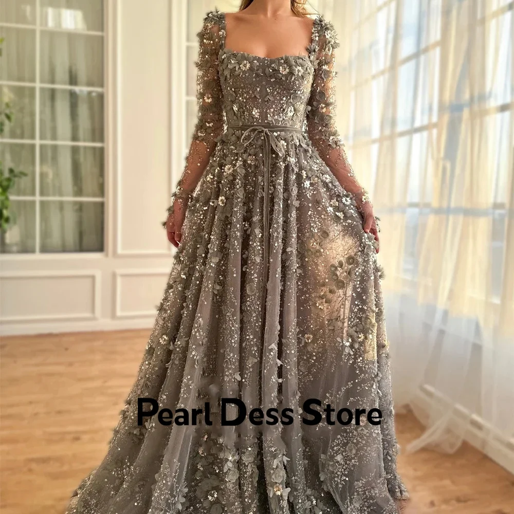 Pearl Embroidered Lace Dresses Gala Dresses Woman 2024 for Party Grey Elegant Chic Dress Es Square Collar Long Sleeves Evening