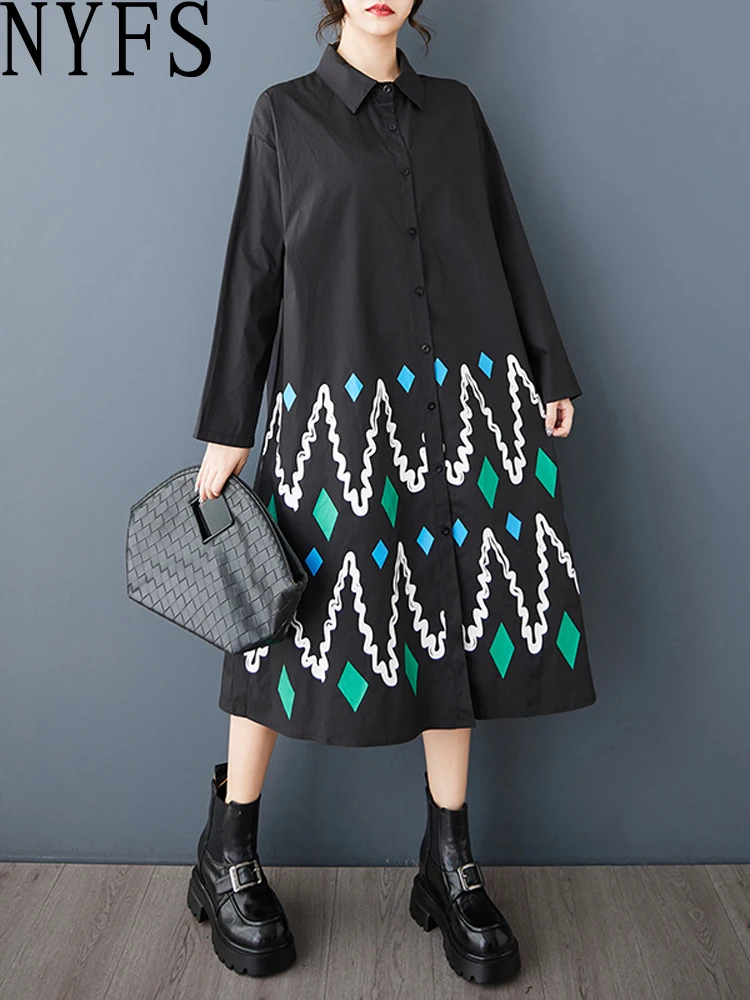 NYFS ルーズプラスサイズロングドレス 春秋 2026 ヴィンテージ長袖パッチワークプリント レディースローブシャツドレス