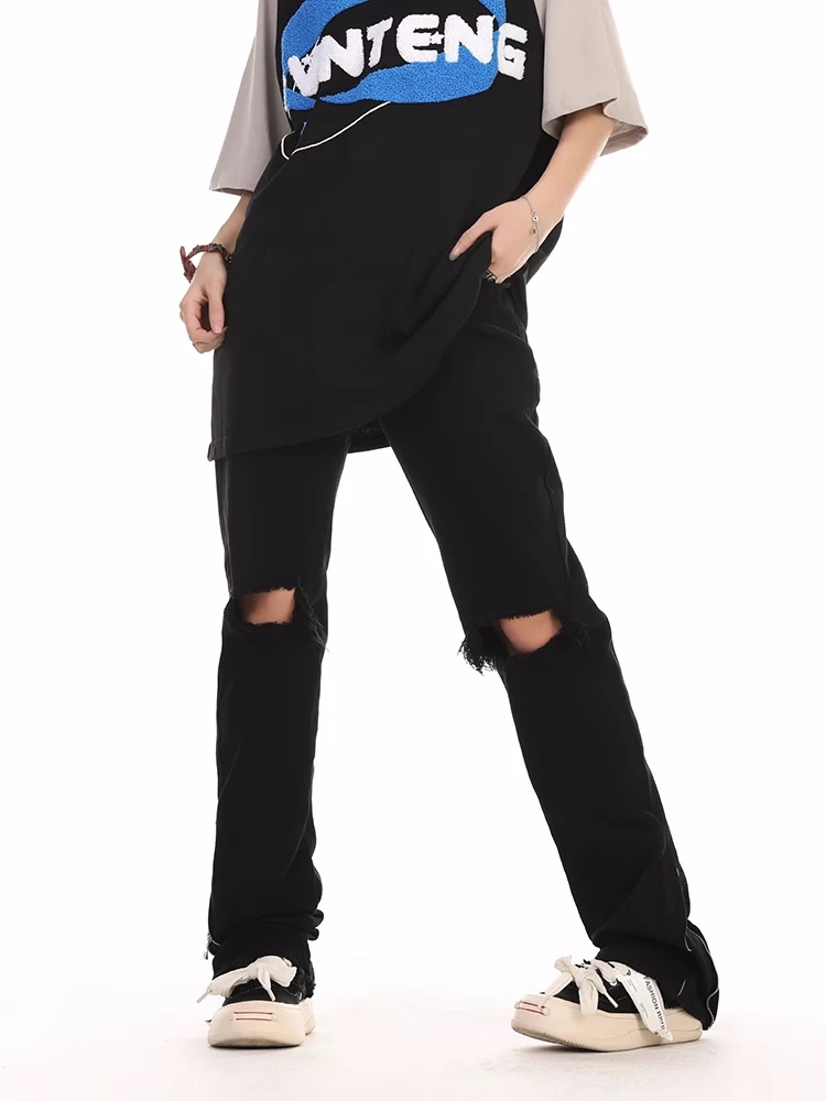 

High Street Vibe Knee-Hole Flared Jeans Men's Women's Bla Zipper Hip Hop Long Pants Street Sle Straight Leg Denim Jeans