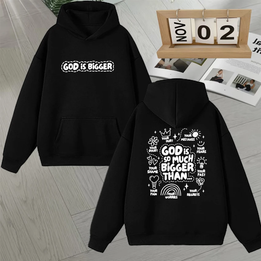 

God Is So Much Bigger Than Autumn Winter Fleece Hoodies Stamped Retro Bible Christian Jesus Doodle Long sleeve Casual Pullovers