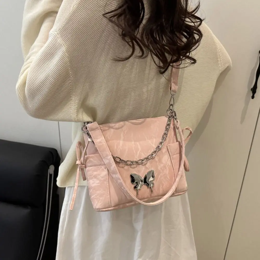 

Butterfly Decor Silver Butterfly Handbags Metal Chain Pearls Chain Drawstring Shoulder Bag Korean Style Versatile