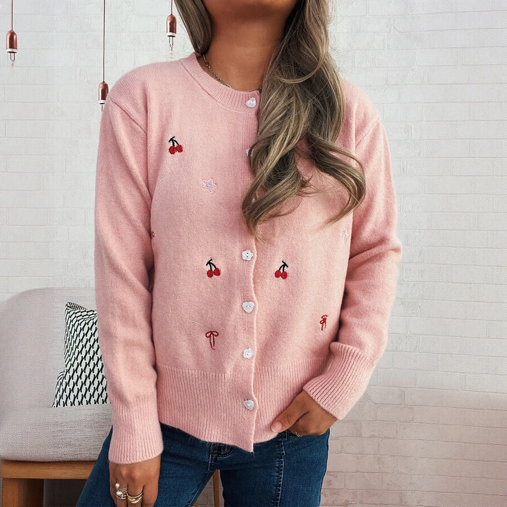 

Long Sleeve Round Neck Cardigan Autumn Winter Clothes Button Decoration Loose Fit Commute Style Women's Open Front Knitwear