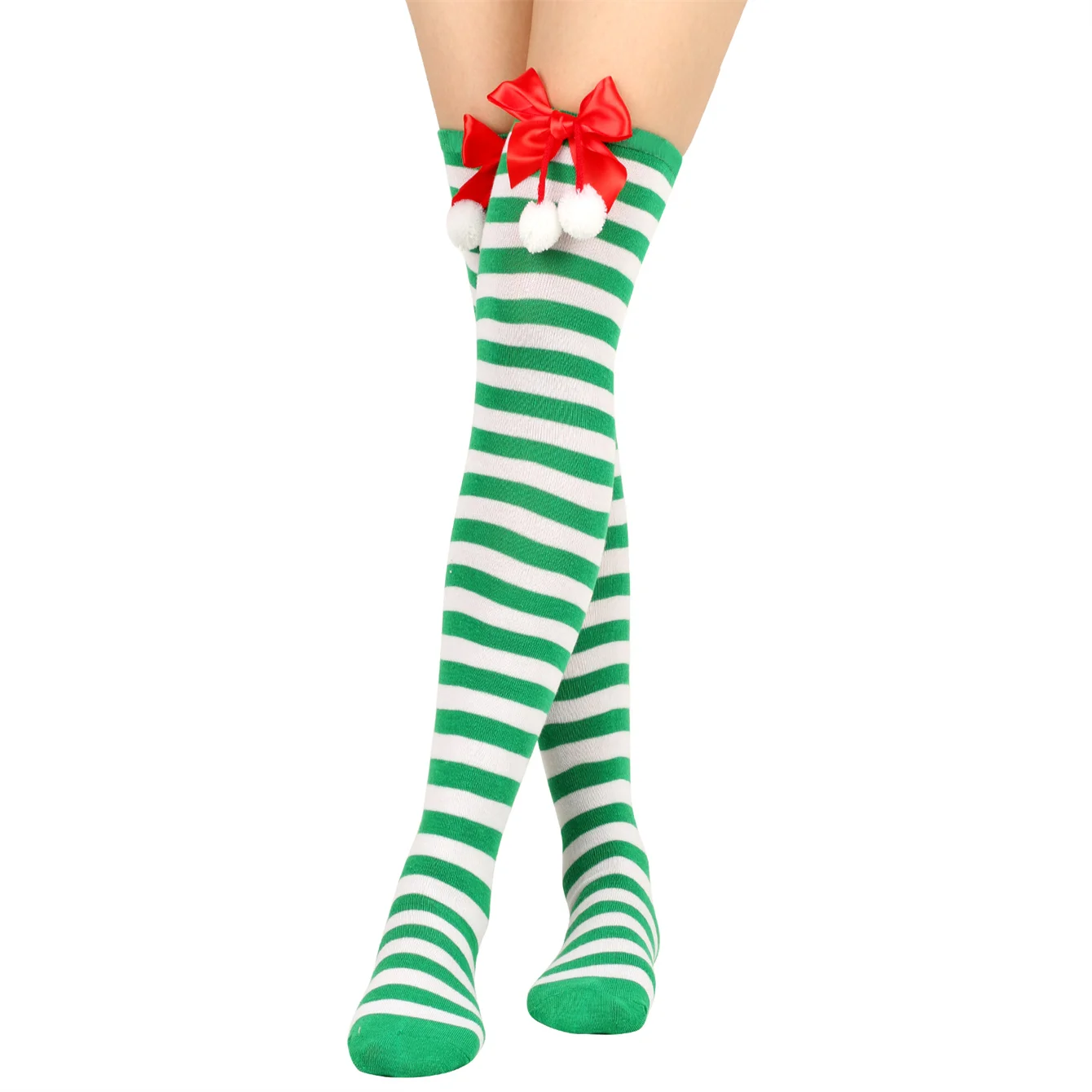 1 pair of girls,  teenagers, bow  Christmas socks, ball socks, knee high socks,  long stockings, Christmas striped stockings