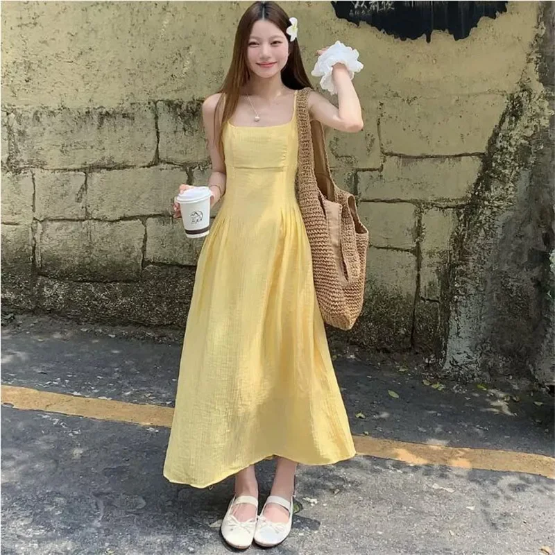 Fashion Summer Holiday Yellow Long Strap Dress Women New Boho Style Backless Beach Dress Seaside Fairy Slim A-line Photo Dress