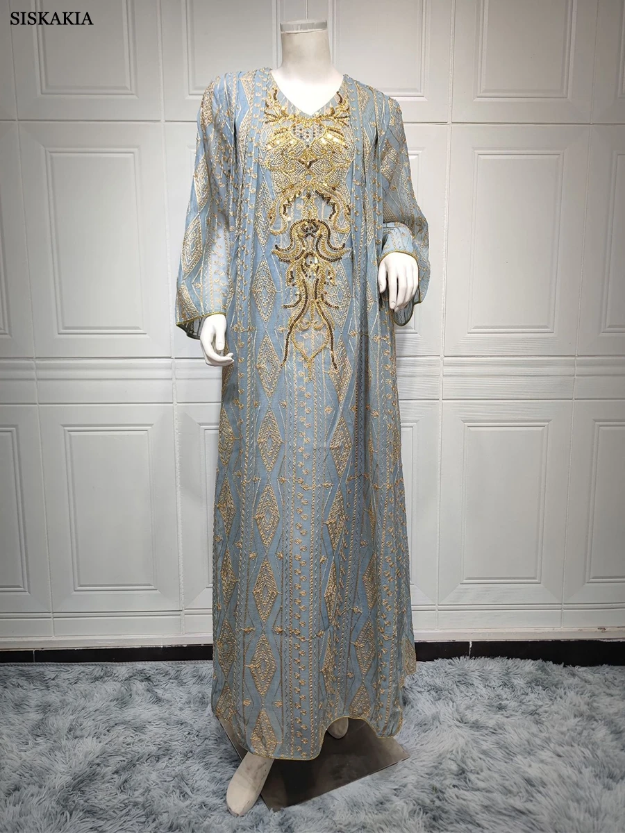 Gorgeous Party Evening Dresses for Women Dubai Muslim Vintage Ethnic Sequin Gold Thread Embroider Abaya Moroccan Kaftan Siskakia