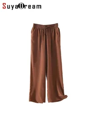 SUYADREAM, Solid Pants For Woman, 100%Silk Crepe, Elastic Waist, Wide Leg Pants, 2024 Spring Summer Chic Trousers, Navy, Camel