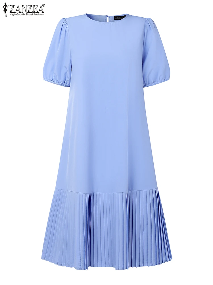 ZANZEA Women 2025 Summer Dress Elegant Pleated Dresses Stylish Short Puff Sleeve Party Sundress Casual Solid Work Vestidos Robe