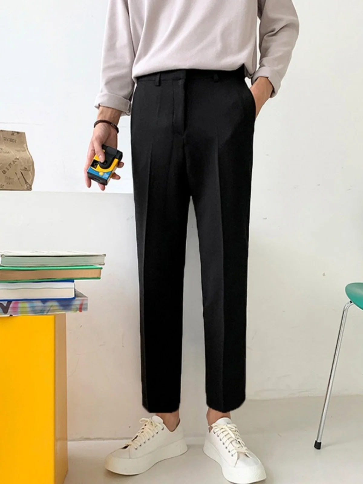  Straight Leg Men's Casual Trousers Black Draped Business Leisure Youth Popular Pure Color No Ironing Treatment