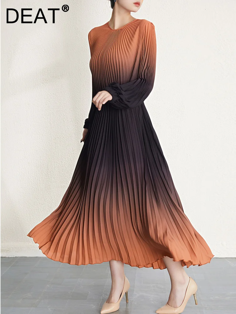 DEAT Pleated Fashion Gradient Dress Women Spring Summer New 2024 Elastic Waist Full Sleeve Loose Elegant Party Clothes 15KB330