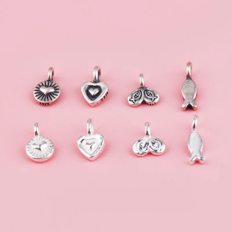 5 pieces，S925 sterling silver retro mini heart-shaped little fish pendant, diy rope and beaded accessory