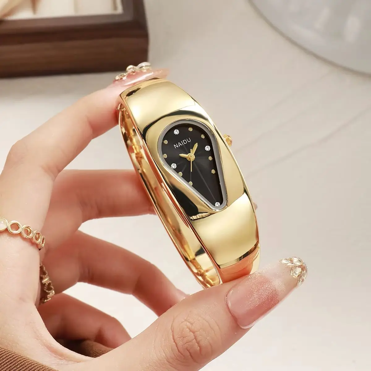 Women's Teardrop Dial Bangle Watch Rhinestone Markers Wide Metal Bracelet Minimalist Dress Wristwatch Jewelry Gift