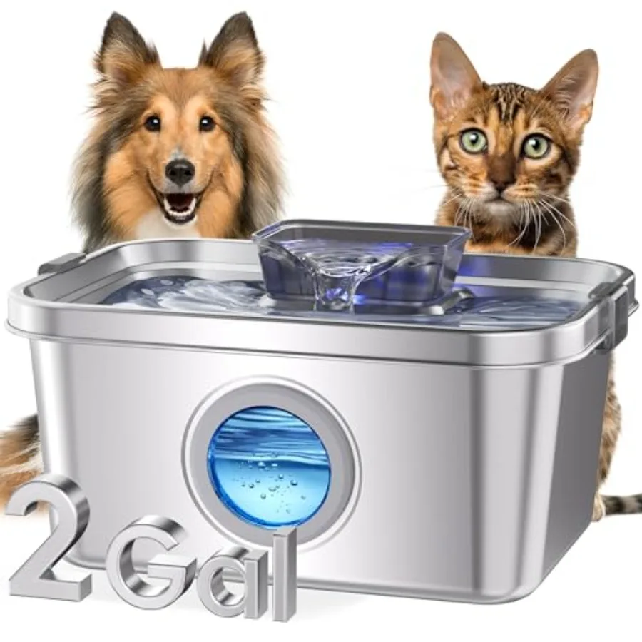 

Dog Water Fountain, 2 Gallon 304 Stainless Steel Indoor Pet Fountain for Dogs Cats, Ultra Quiet Operation, Safety Lock, 3 Filte