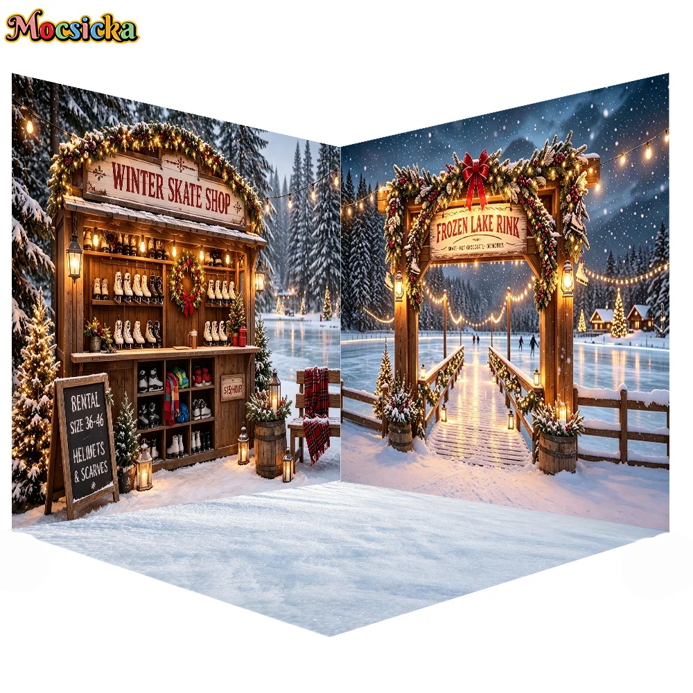 Mocsicka 3D Corner Room Photography Backdrop Winter Skate Shop FrozenLake  Decoration Kid Xmas Holiday Portrait Studio Props