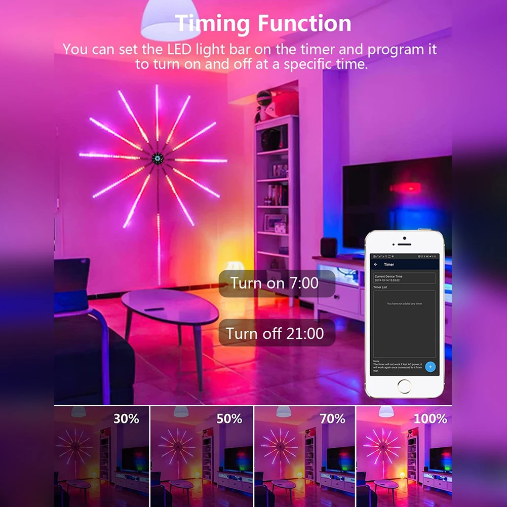 Luzes LED com Controlo Remoto Alimentado por USB, Alteração de Cor, Aplicação, Decoração de Parede, Fogos de Artifício, Sincronização de Música