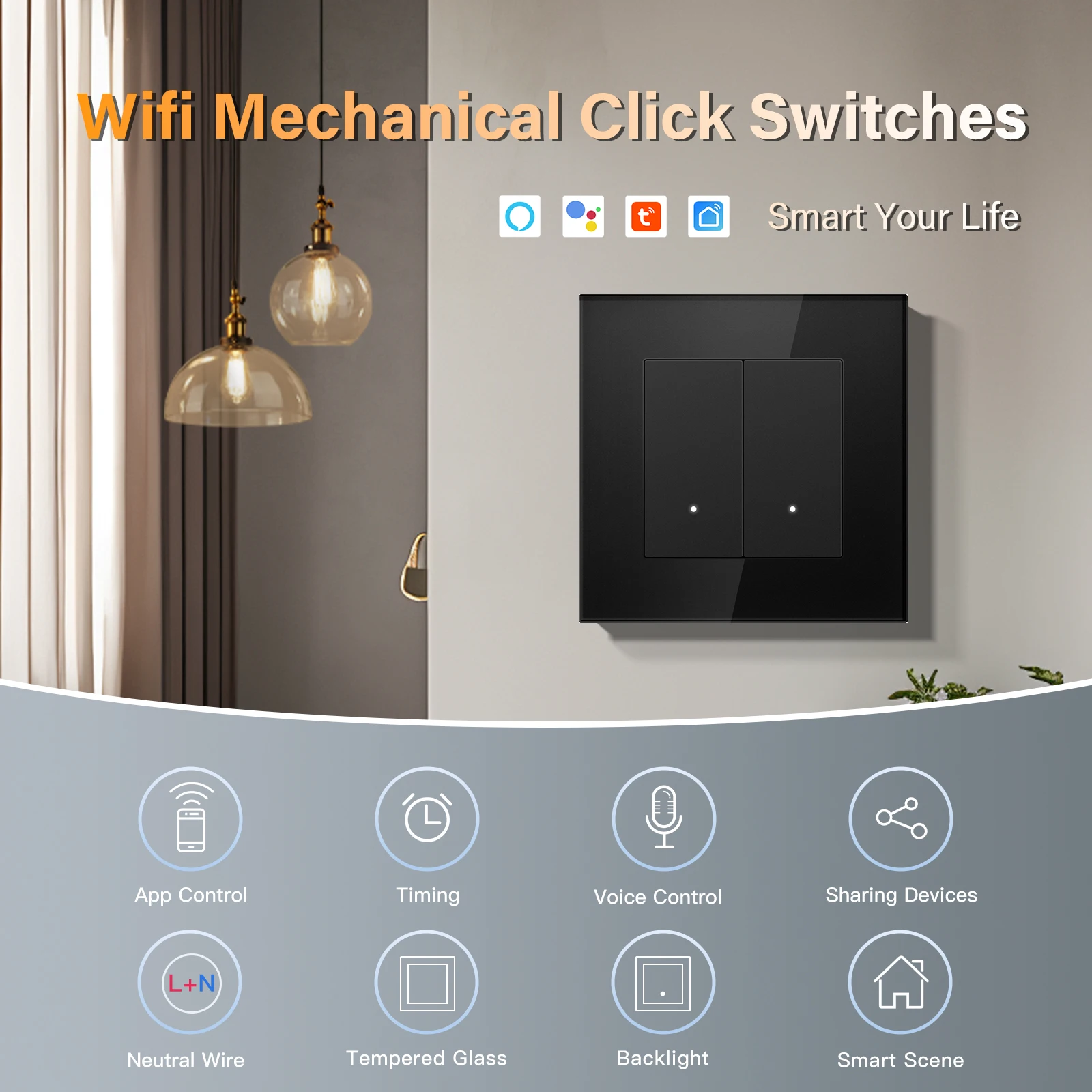 BSEED 1/2/3Gang Wifi Light Switches Mechanical Smart Click Buttons 1/2/3Way Tuya Smart Life Alice App Control Glass Frame Black