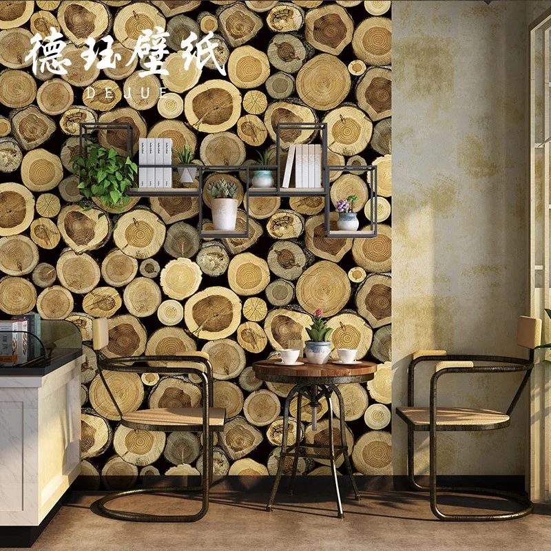 Retro 3D Wood Stump Ring Texture Wood Grain Wallpaper Industrial Style Restaurant Background Hot Pot Wall Decor Non Self