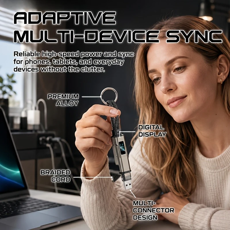 4 in 1 65W Keychain Charging Cable USB C Cable with V/A/W Display Type C for Apple Portable Cord for IPhone/iPad/Samsung/Laptop
