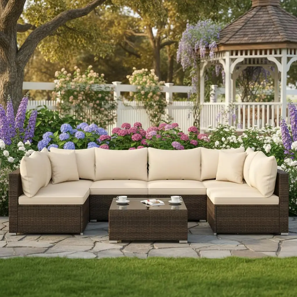 7 Pieces Wicker Patio Furniture Set, All-Weather Outdoor Rattan Sectional Sofa Set with Cushions & Tempered Glass, Custom
