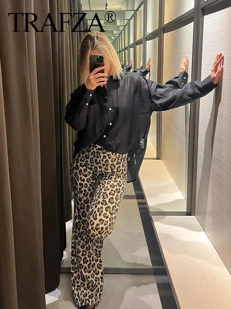 TRAFZA Leopard Print Wide Leg Pants For Women 2024 Summer High Waist Slim Straight Long Trousers Streetwear Fashion Bottoms