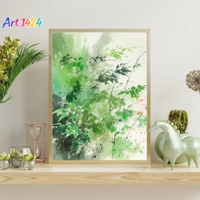 Affiche japonaise d'aquarelle, feuilles vertes vibrantes, peinture sur toile à l'encre, style minimaliste et paisible, art mural zen pour décoration de chambre et de maison.