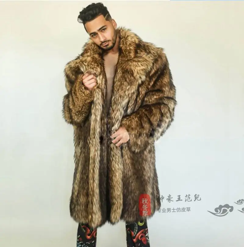 Trendy Men 2024 Autumn Winter Thickened Warm Imitation Fur Coat Long Sleeve Trench Coat Over Size Long Hair Plush Leather Jacket