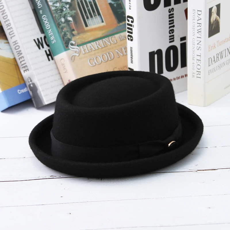 GEMVIE Delle Donne Degli Uomini 100% Lana Feltro Crushable Porkpie Fedora Cappello Dell\'annata Curvo Bordo Pork Pie Cappello di Lana Autunno Inverno