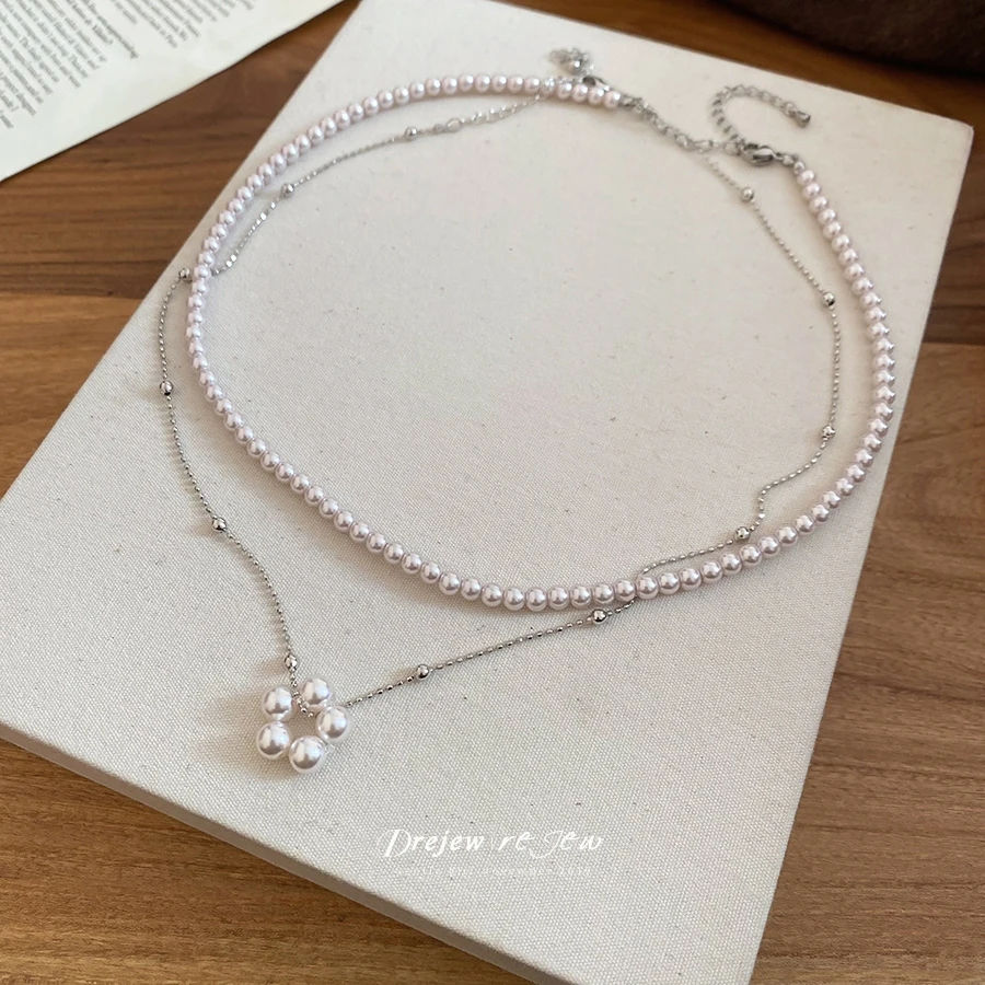 DREJEW Double-Layer Pearl Choker Necklace Women Pearl Cluster Pendant Design Fashion Daily Trendy Jewelry Accessory