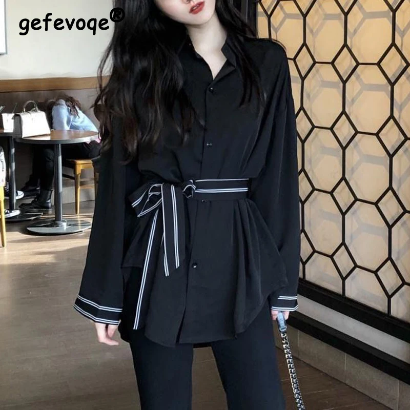 Women Korean Fashion Lace Up Chic Elegant Shirts Casual Streetwear Oversized Harajuku Blouses Female Y2K Solid Long Sleeve Tops