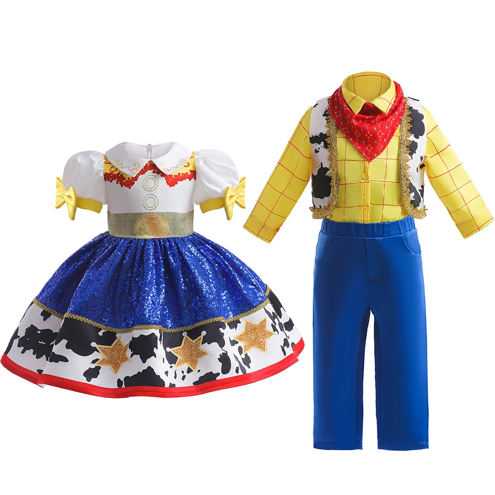

New Jessie Woody Costumes for Girls Boys Birthday Halloween Cowboy matching Sets Fancy Dress Kids Outfit performance Clothes Set