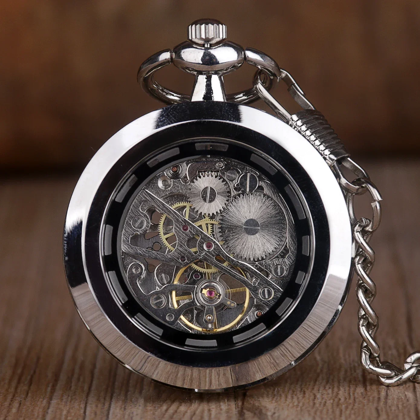 Orologio da tasca meccanico classico senza cappuccio nero/argento Steampunk antico orologio da taschino retrò pendente a carica manuale uomo donna catena regalo