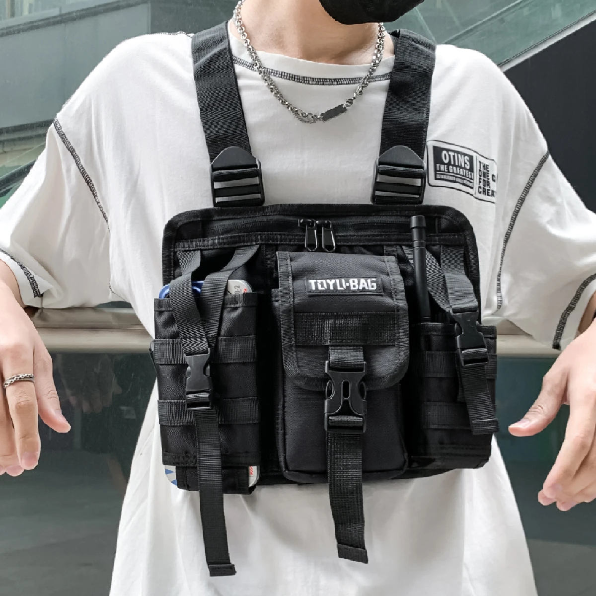 Hip-hop Streetwear Men Chest Rig Bag Multi-function Tactical Vest Backpacks Tool Storage Bag Multiple Pockets Chest Packs