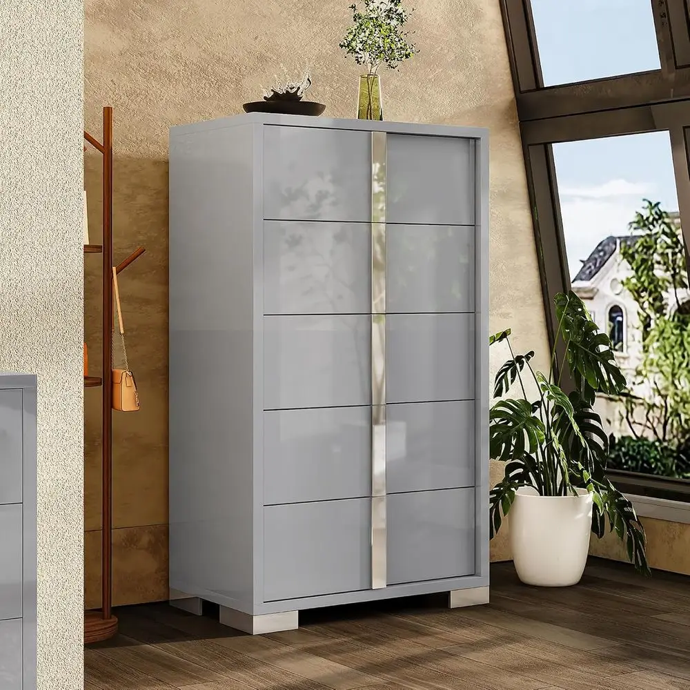 

50.2" H ern 5 Der Drer, Glossy Surace Chest o Ders, Large Storage Organizer or Bedroom, Living Room, Cloakroom, Luxury, Light Gr