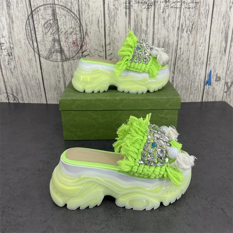 Summer Women Slippers Outdoor Slides High Heels Platforms Crystal Decor Special Design Luxury Designer Brand 2024 Fashion Green