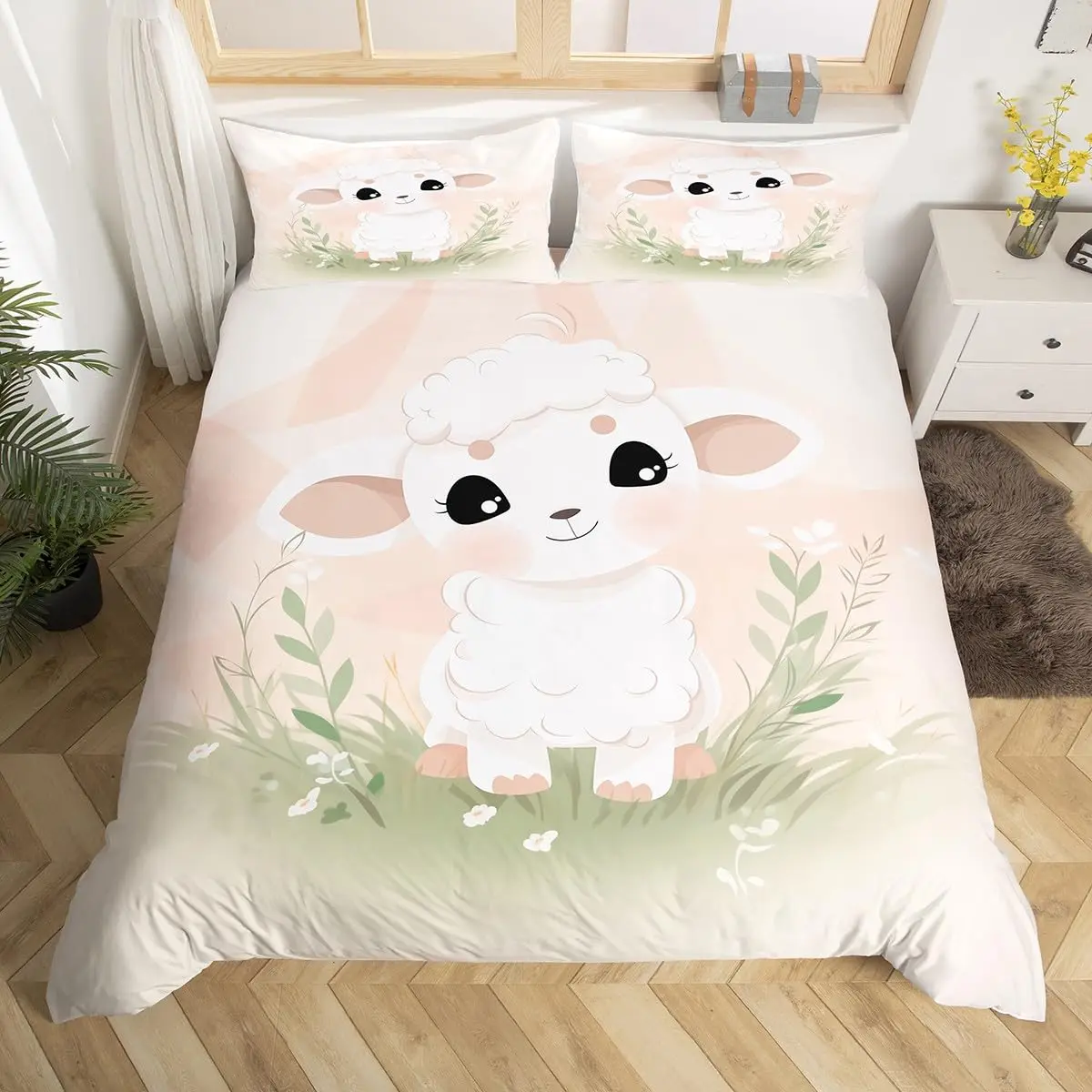 

Cute Sheep Duvet Cover King Queen Funny Animal Floral Bedding Set Kids Cartoon Farm Animal Comforter Cover Polyester Quilt Cover