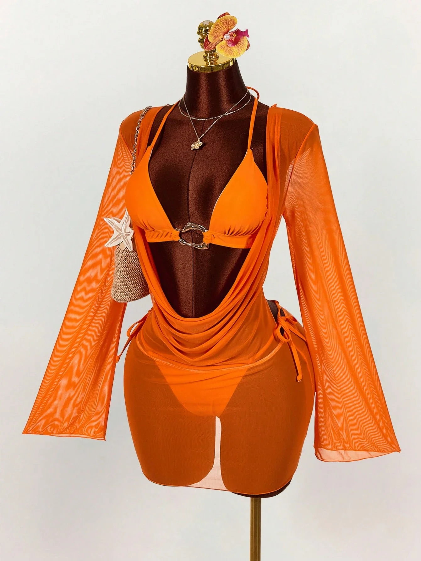 

Сексуальный авангардный комплект бикини из 2 предметов оранжевого цвета с прозрачной накидкой для пляжного отдыха