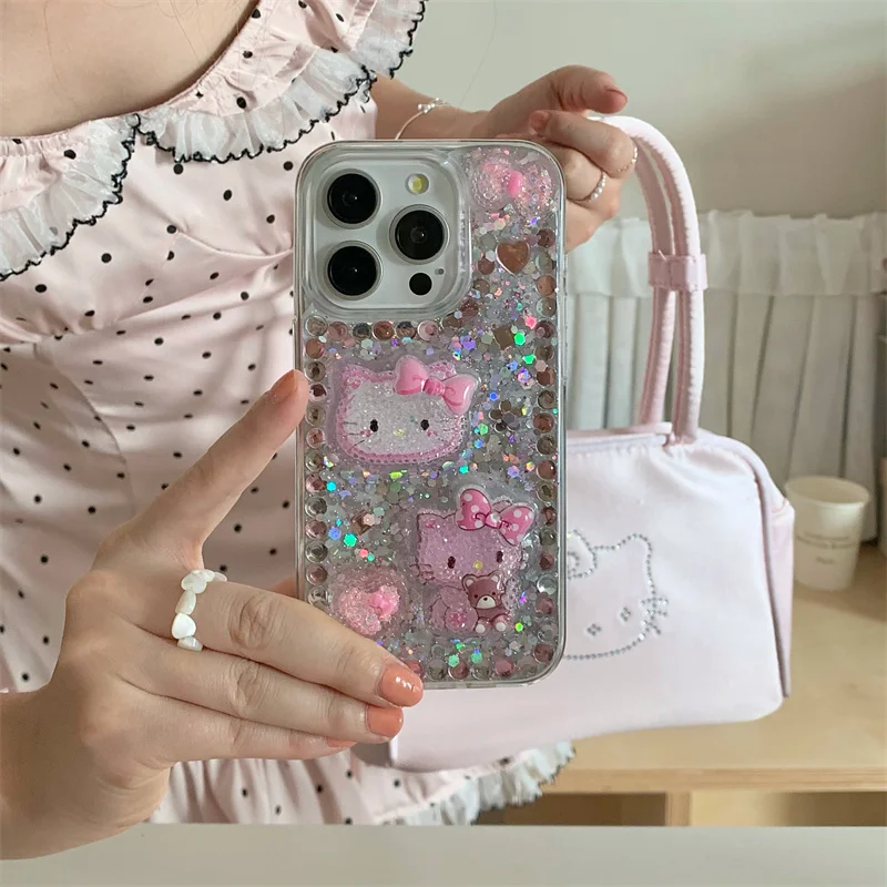 Luxury Cute Pink Bling Glitter Hello Kitty Heart Love Bow Phone Case For iPhone 15 14 13 12 Pro Max Y2k Cartoon KT lovely Cases