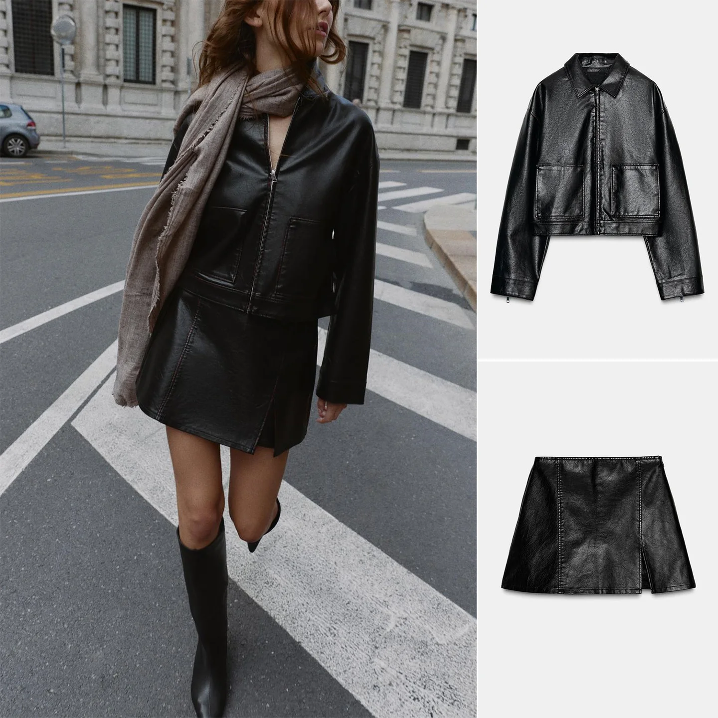 

Комплект из укороченной куртки и юбки из искусственной кожи с высокой талией, женский модный комплект в стиле панк с длинными рукавами и отложным воротником, осенний наряд