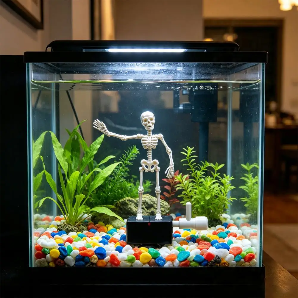 Moving Skull Decor Halloween Aquarium Dancing Skeleton Ornament Bubble-driven Moving Joints Decor Realistic Swing Skull Fish