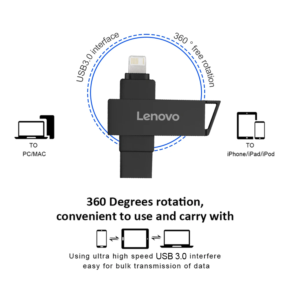 레노버 USB 플래시 드라이브, 2 in 1 라이트닝 펜 드라이브, 아이폰, 아이패드, 안드로이드, OTG, 펜드라이브 메모리 스틱, ps4 노트북용, 2TB, 1TB