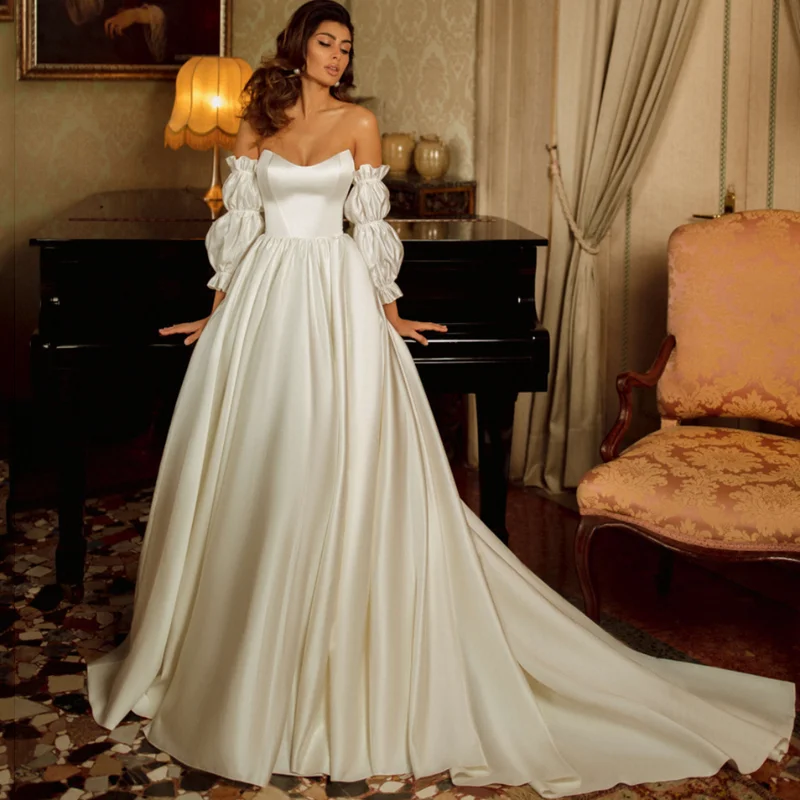

Elegant Wedding Dresses 2023 Simple Satin Bridal Gowns Off The Shoulder Wedding Gown with Detachable Sleeves Vestido De Noiva