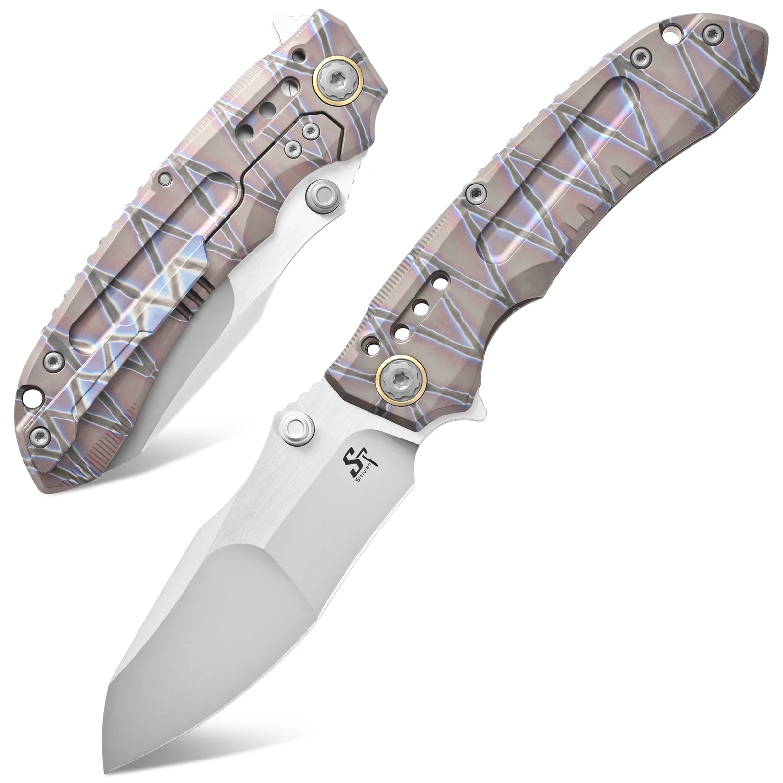 Sitivien ST991 Folding Knife M390 Steel Blade Burnt Titanium Pattern Handle EDC Tool Knifes for Working Camping Collection