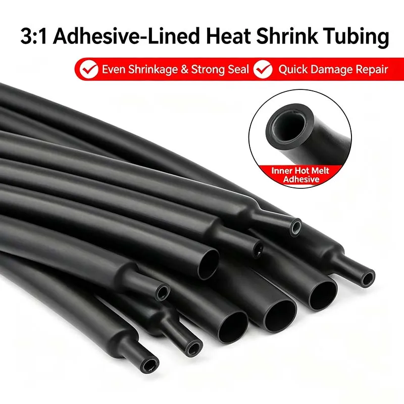 3:1 Double‑Wall Adhesive Heat Shrink Tubing, Waterproof Sealing Black Heat Shrink Tube 1.6‑30mm