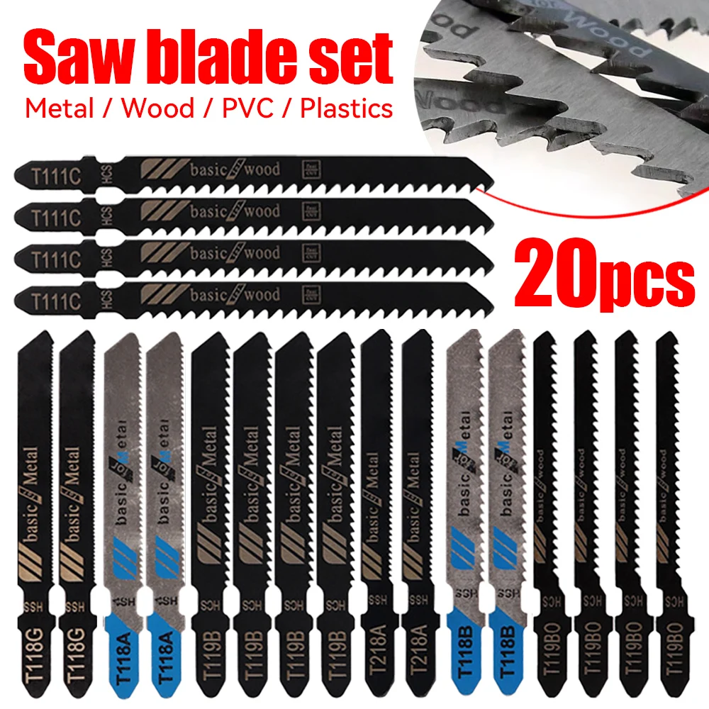 20Pcs/Set Jigsaw Blades T-Shaft HCS Assorted Jigsaw Blades Set Fast Cut Down Saw Blade For Wood Plastic Metal Cutting Hand Tools